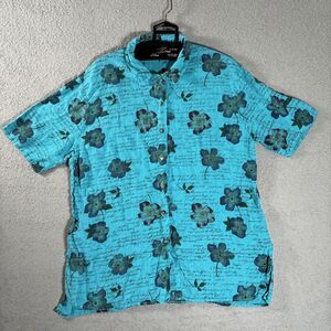 Vintage Cotton Collection Button Up‎ Shirt Men’s Size L Aquamarine Linen Floral